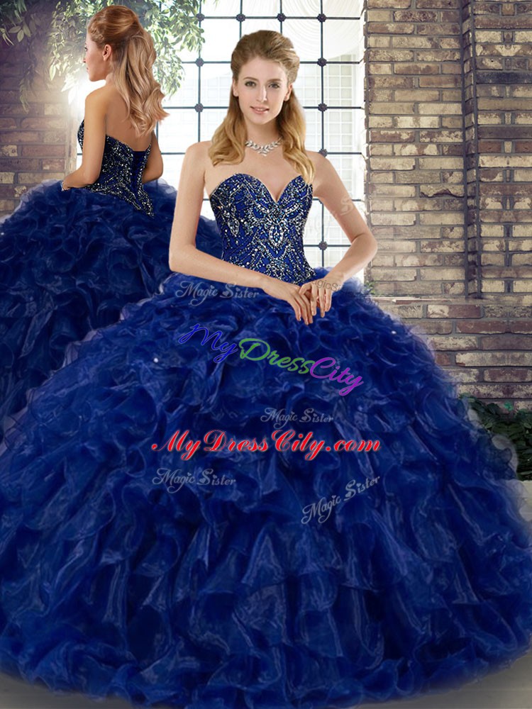 Custom Designed Sweetheart Sleeveless Quinceanera Gowns Floor Length Beading and Ruffles Royal Blue Organza