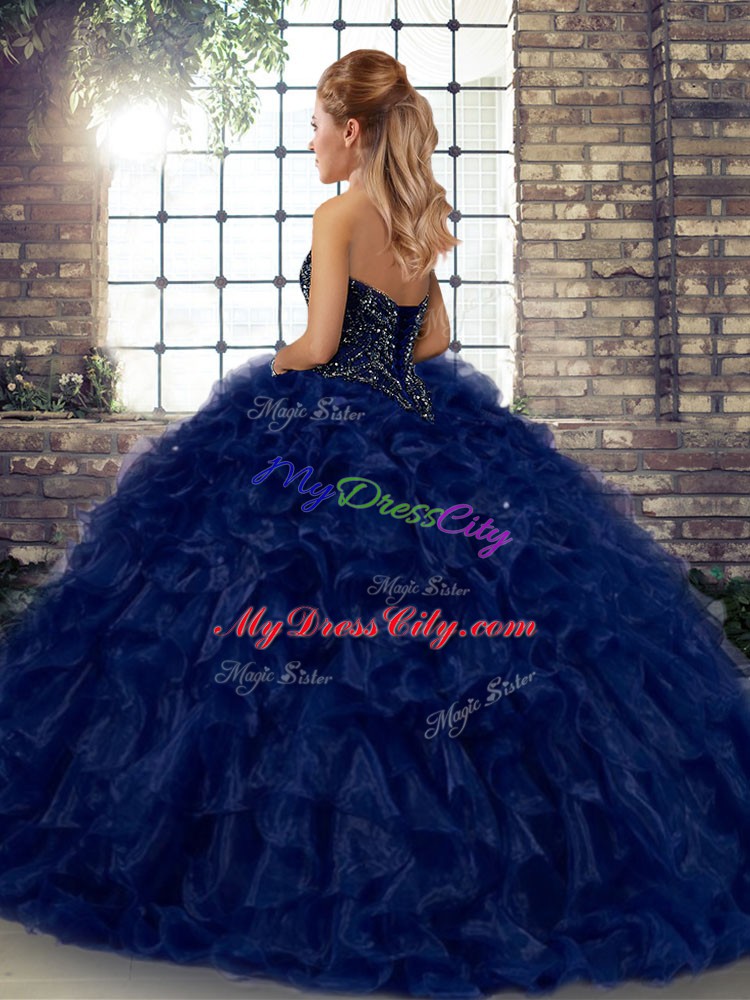 Custom Designed Sweetheart Sleeveless Quinceanera Gowns Floor Length Beading and Ruffles Royal Blue Organza