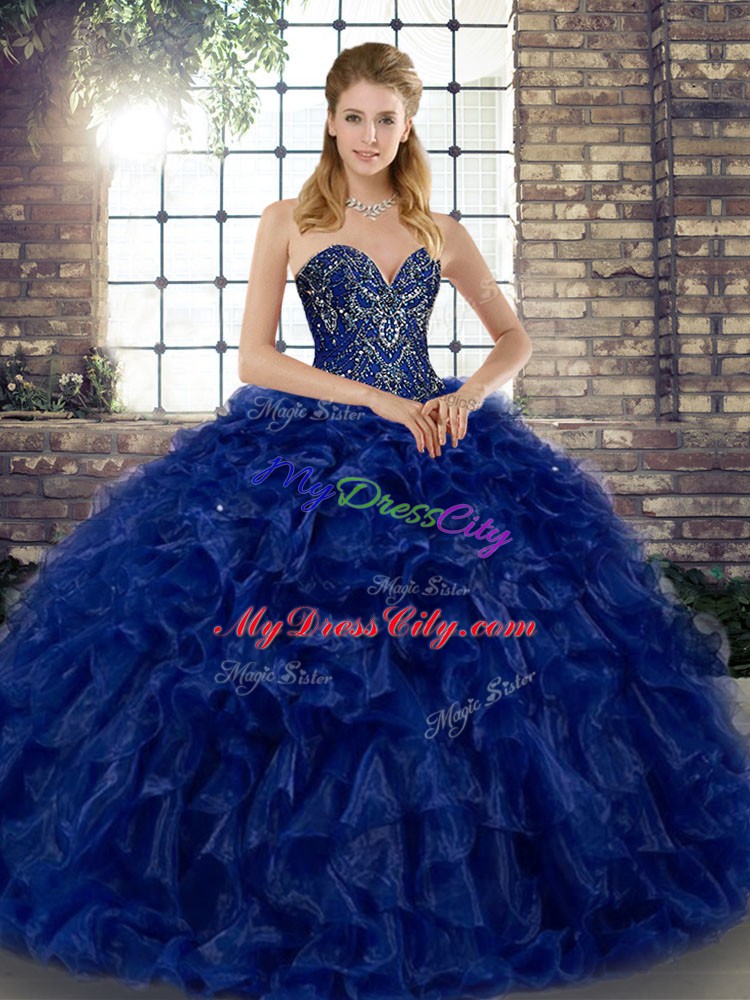 Custom Designed Sweetheart Sleeveless Quinceanera Gowns Floor Length Beading and Ruffles Royal Blue Organza