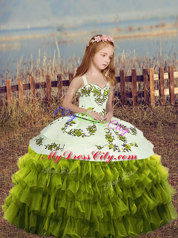 Charming Green Straps Neckline Embroidery and Ruffled Layers Little Girl Pageant Dress Sleeveless Lace Up