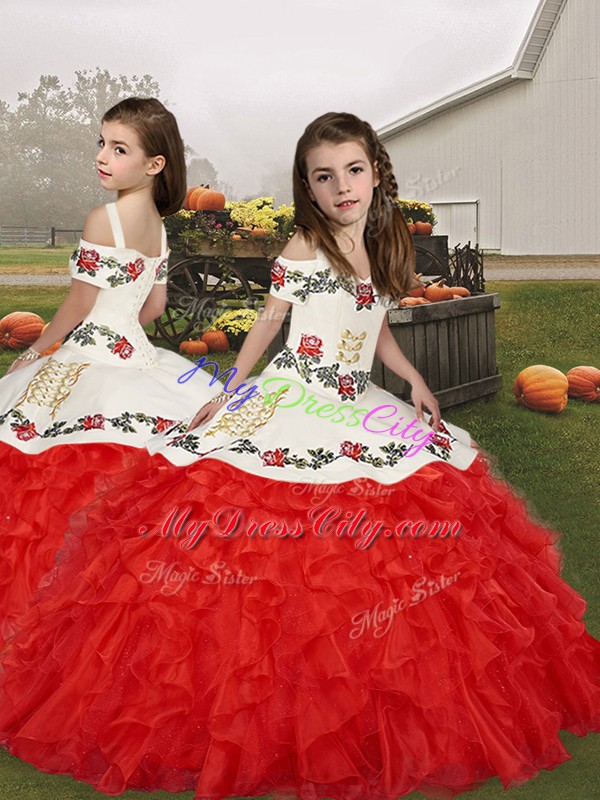 Perfect Sleeveless Organza Floor Length Lace Up Quinceanera Gowns in White And Red with Embroidery and Ruffles