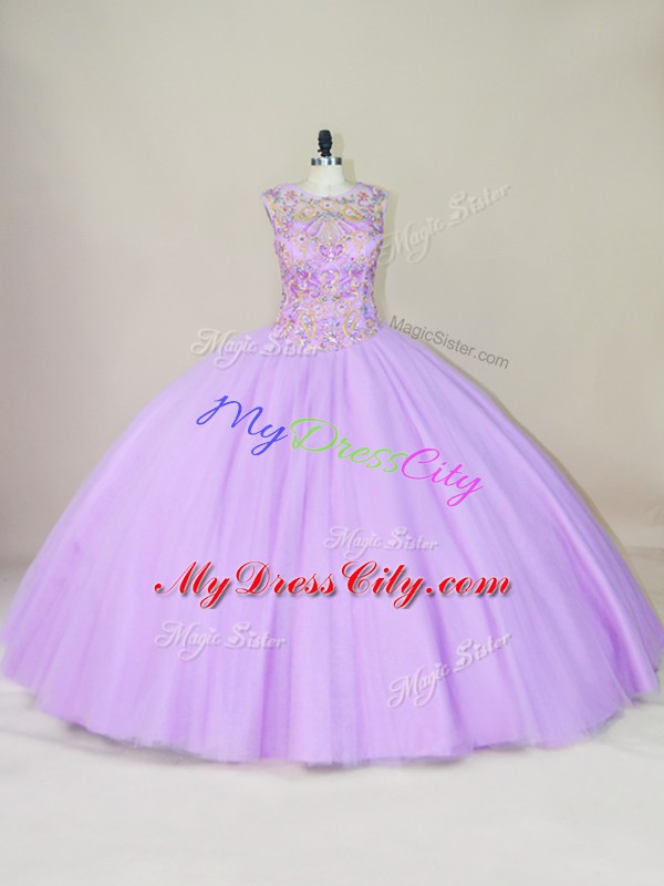 Excellent Beading Quinceanera Gowns Lavender Lace Up Sleeveless Floor Length