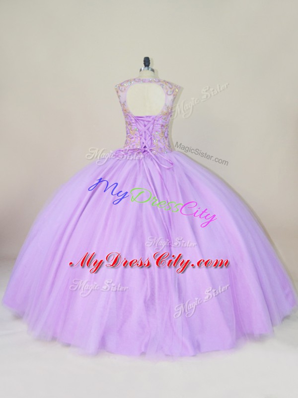 Excellent Beading Quinceanera Gowns Lavender Lace Up Sleeveless Floor Length