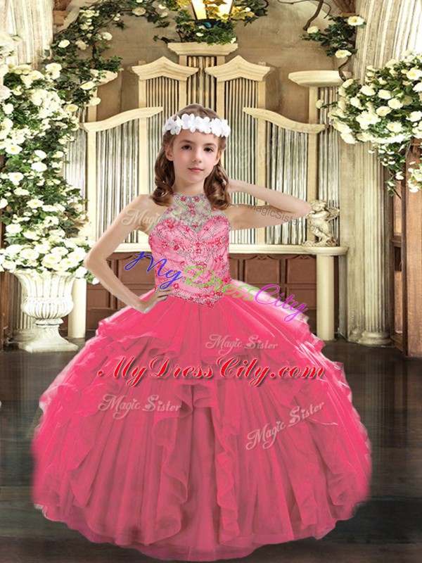 New Arrival Hot Pink Ball Gowns Tulle Halter Top Sleeveless Beading and Ruffles Floor Length Lace Up Little Girls Pageant Dress