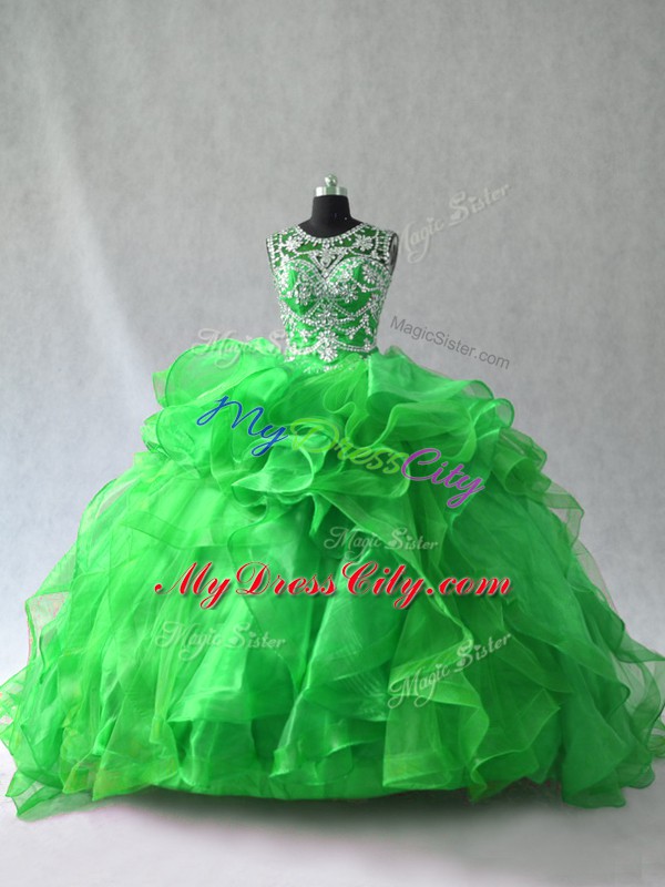 Charming Green Ball Gowns Beading and Ruffles Quince Ball Gowns Lace Up Organza Sleeveless