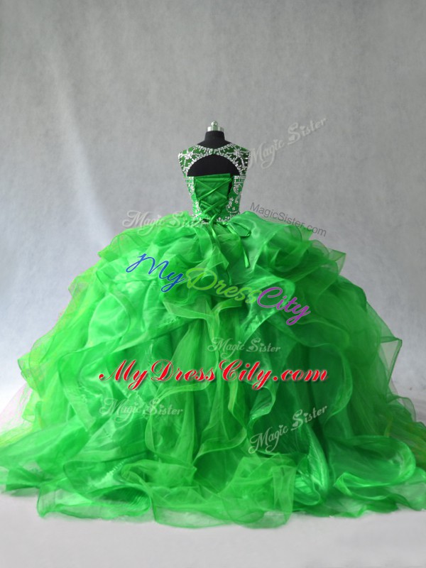 Charming Green Ball Gowns Beading and Ruffles Quince Ball Gowns Lace Up Organza Sleeveless