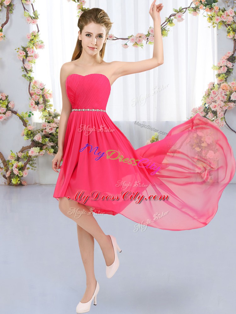 Trendy Hot Pink Sleeveless High Low Beading Lace Up Wedding Guest Dresses