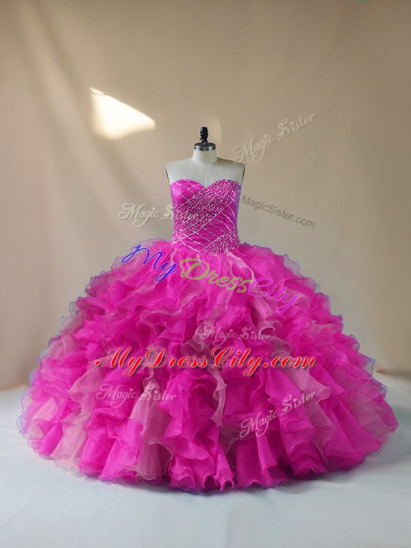 Sophisticated Sweetheart Sleeveless Quinceanera Dresses Floor Length Beading and Ruffles Fuchsia Organza