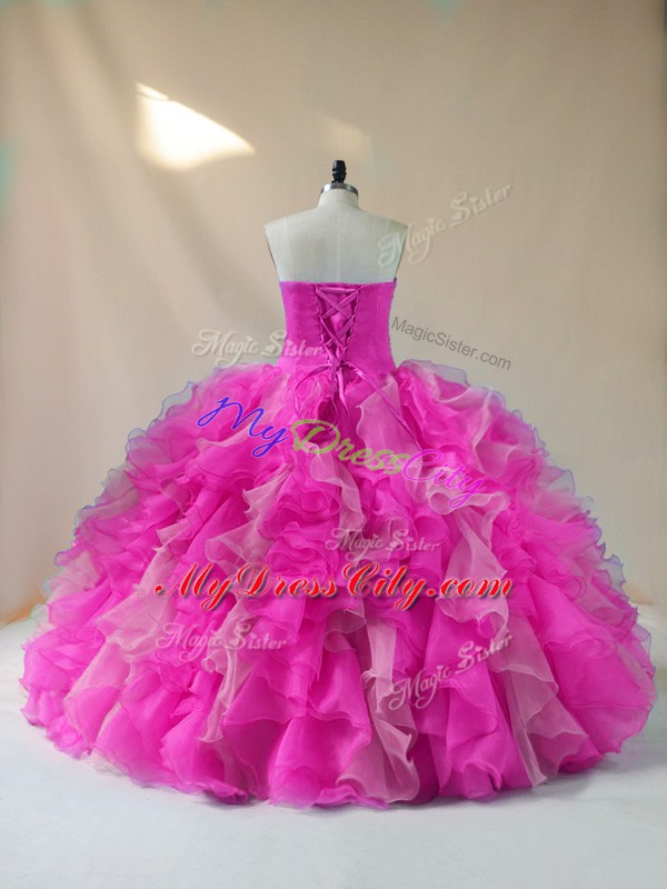 Sophisticated Sweetheart Sleeveless Quinceanera Dresses Floor Length Beading and Ruffles Fuchsia Organza