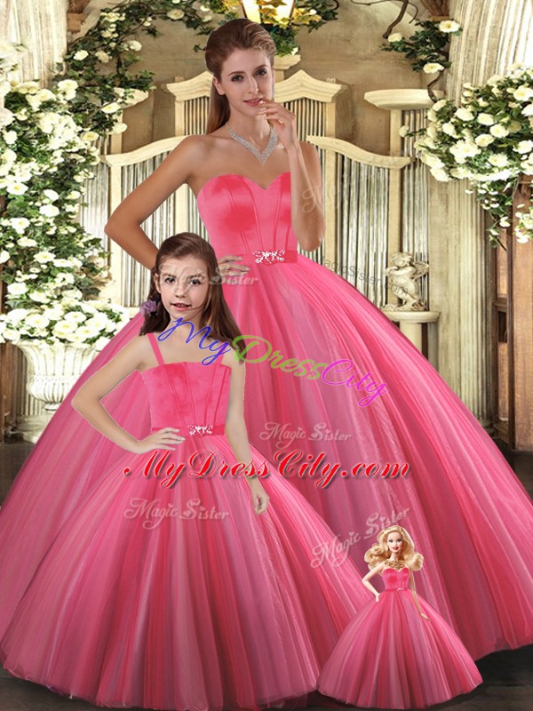 Tulle Sweetheart Sleeveless Lace Up Beading Quince Ball Gowns in Coral Red