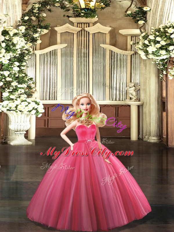 Tulle Sweetheart Sleeveless Lace Up Beading Quince Ball Gowns in Coral Red