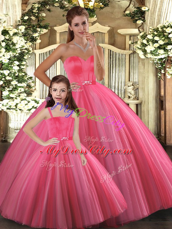 Tulle Sweetheart Sleeveless Lace Up Beading Quince Ball Gowns in Coral Red