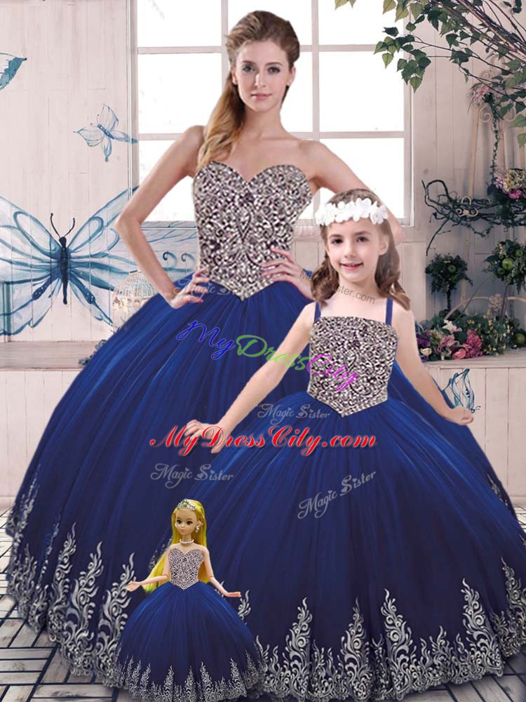 Chic Tulle Scoop Sleeveless Lace Up Beading and Appliques Quinceanera Gown in Royal Blue