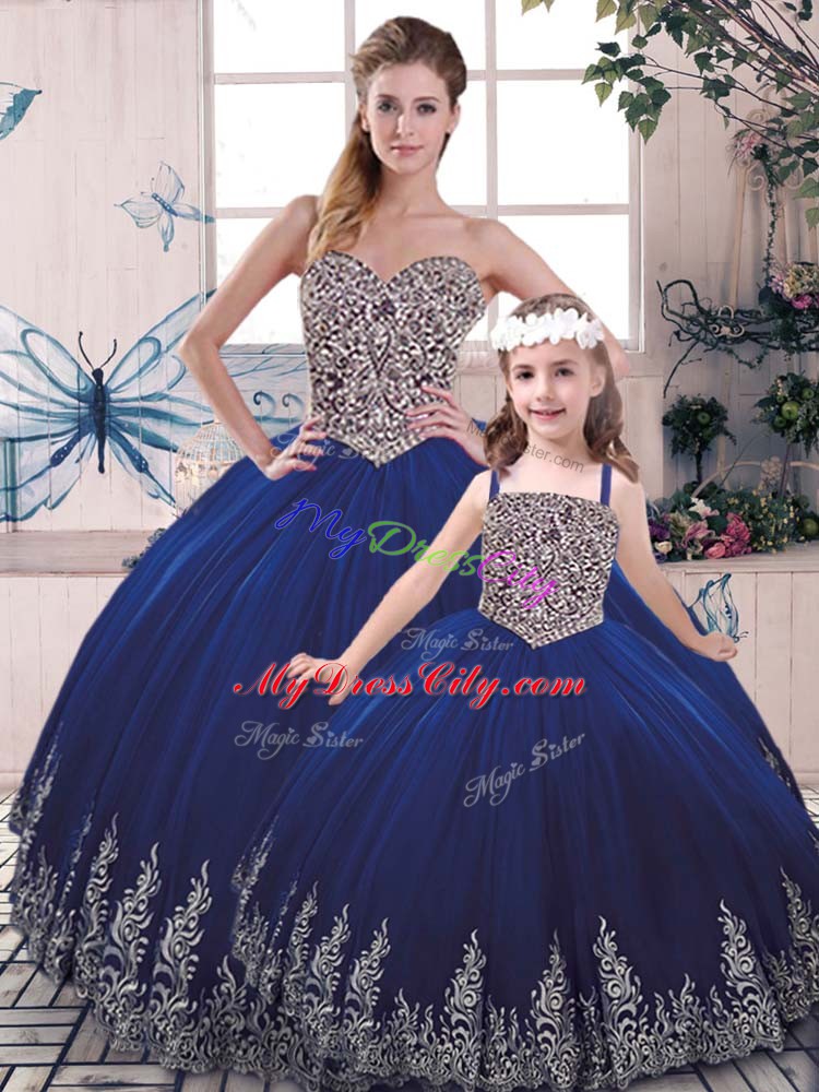 Chic Tulle Scoop Sleeveless Lace Up Beading and Appliques Quinceanera Gown in Royal Blue