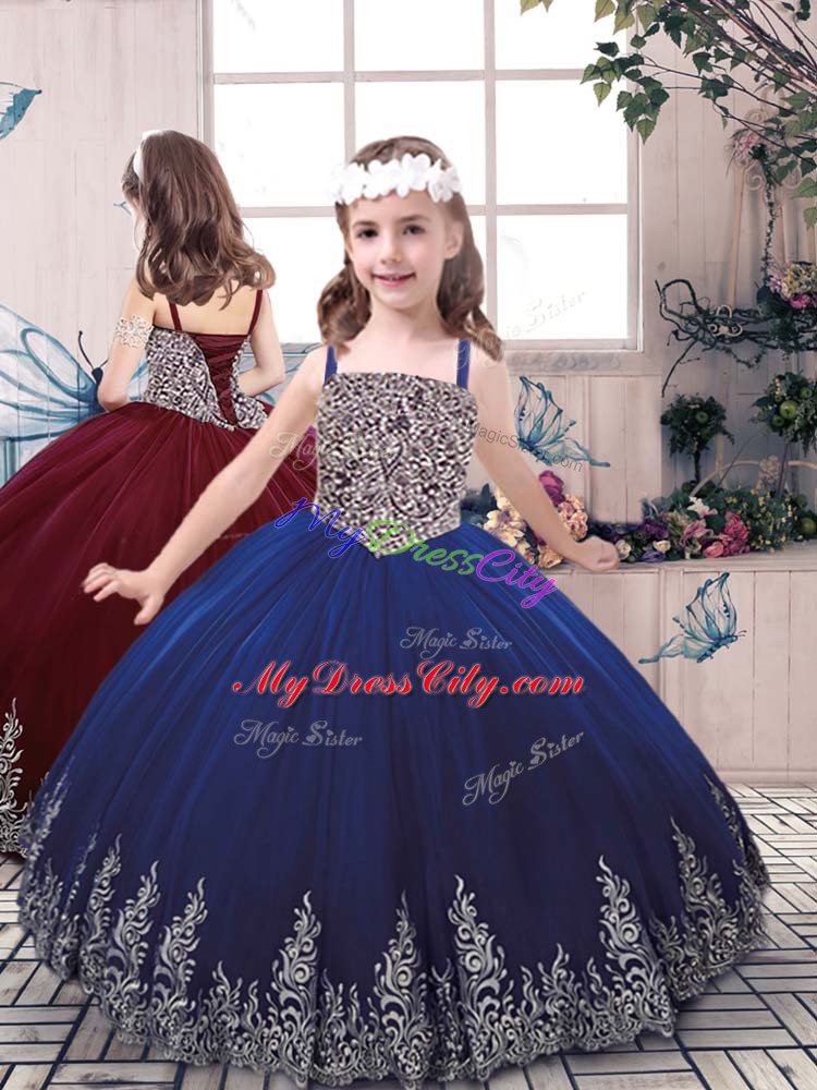 Chic Tulle Scoop Sleeveless Lace Up Beading and Appliques Quinceanera Gown in Royal Blue