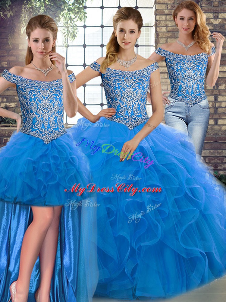 Blue Sleeveless Brush Train Beading and Ruffles Quince Ball Gowns