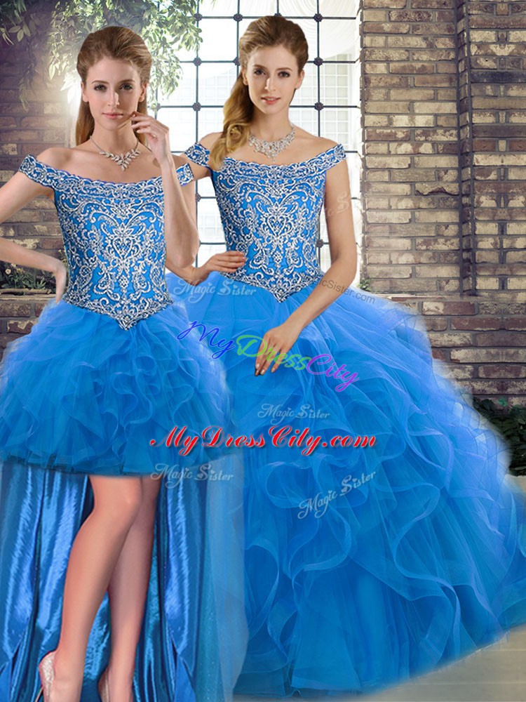 Blue Sleeveless Brush Train Beading and Ruffles Quince Ball Gowns