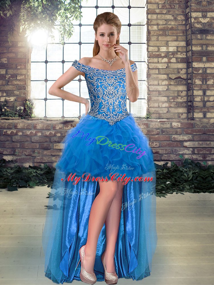 Blue Sleeveless Brush Train Beading and Ruffles Quince Ball Gowns