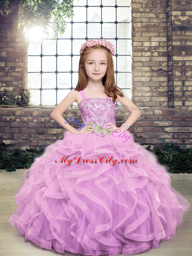 Sleeveless Lace Up Floor Length Beading and Ruffles Pageant Dress Toddler