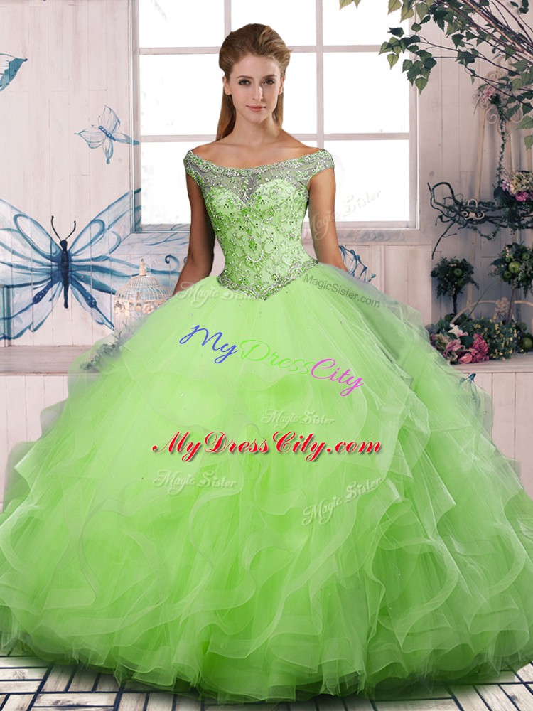 Tulle Sleeveless Floor Length Quinceanera Gown and Beading and Ruffles