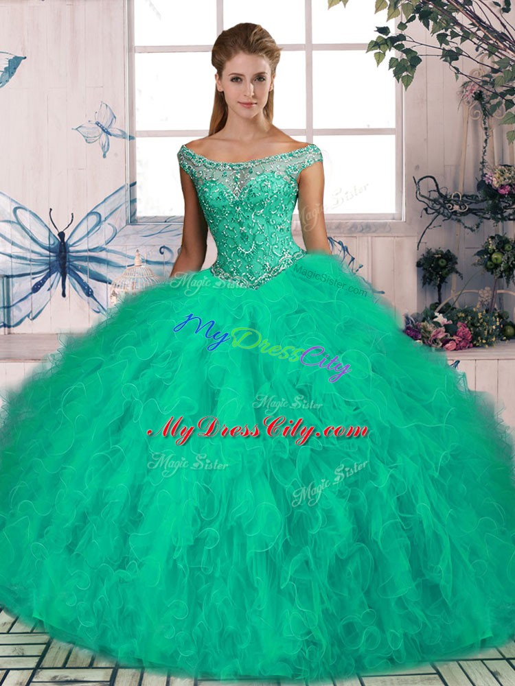 Superior Turquoise Tulle Lace Up Off The Shoulder Sleeveless Quinceanera Dress Brush Train Beading and Ruffles