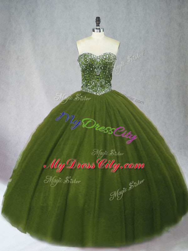 Artistic Olive Green Ball Gowns Beading 15th Birthday Dress Lace Up Tulle Sleeveless Floor Length