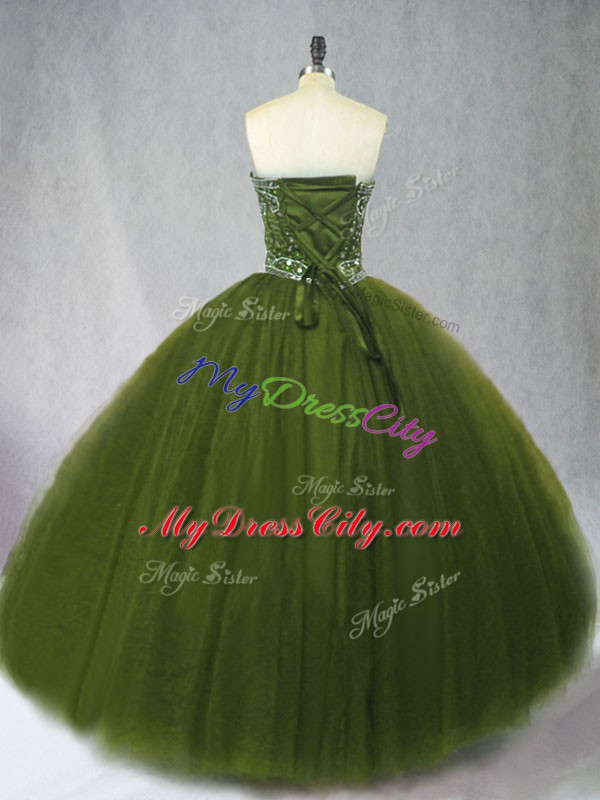 Artistic Olive Green Ball Gowns Beading 15th Birthday Dress Lace Up Tulle Sleeveless Floor Length