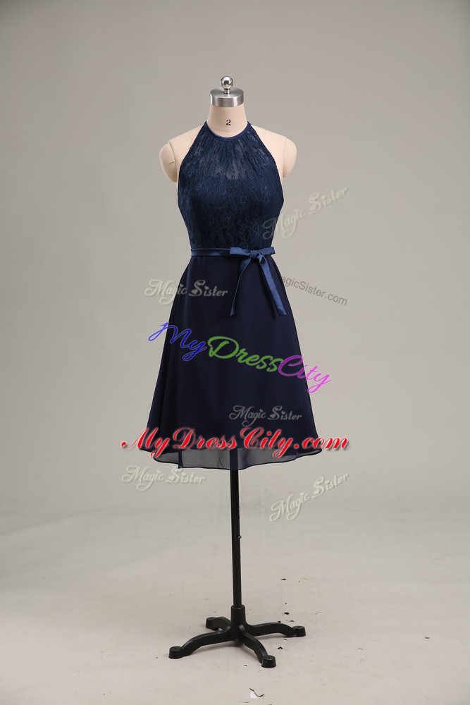 Pretty Navy Blue Sleeveless Mini Length Lace and Appliques Backless Prom Evening Gown