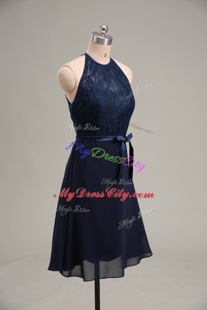 Pretty Navy Blue Sleeveless Mini Length Lace and Appliques Backless Prom Evening Gown