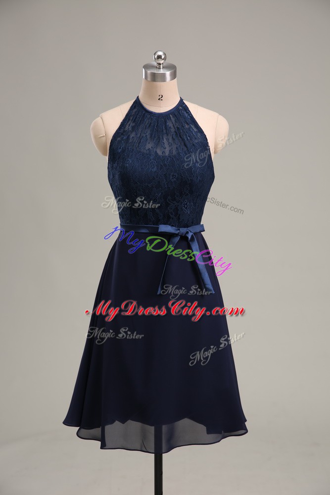 Pretty Navy Blue Sleeveless Mini Length Lace and Appliques Backless Prom Evening Gown