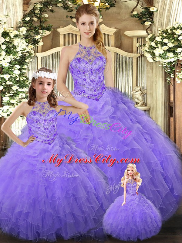 Lavender Sleeveless Floor Length Beading and Ruffles Lace Up Sweet 16 Quinceanera Dress