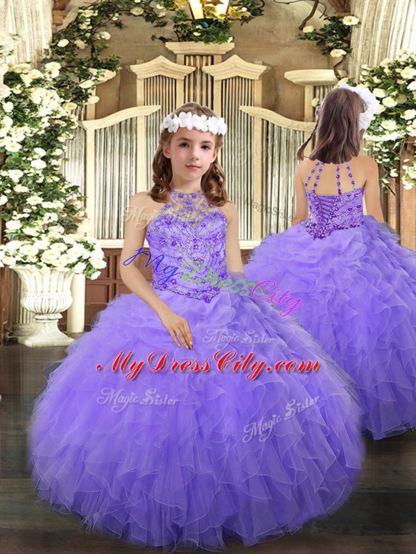 Lavender Sleeveless Floor Length Beading and Ruffles Lace Up Sweet 16 Quinceanera Dress