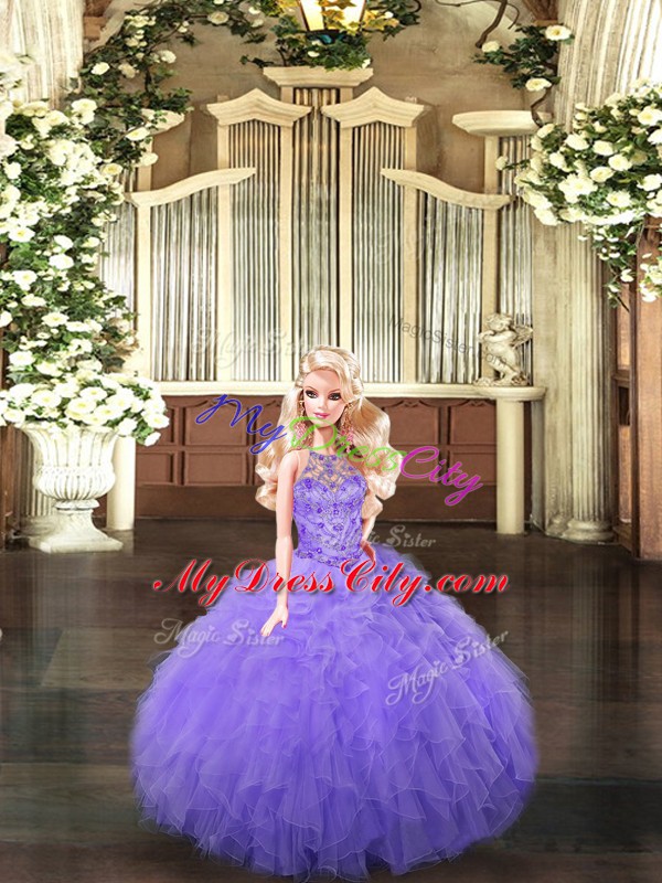 Lavender Sleeveless Floor Length Beading and Ruffles Lace Up Sweet 16 Quinceanera Dress