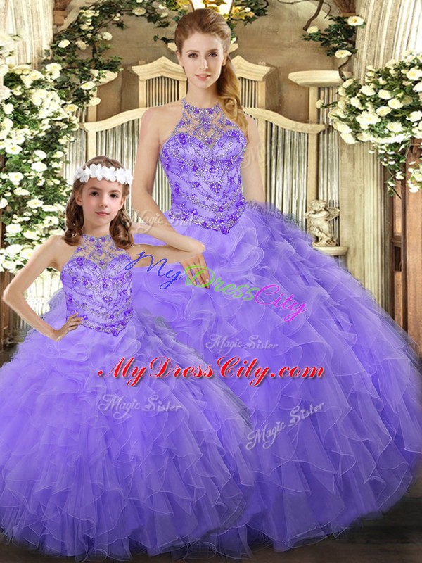 Lavender Sleeveless Floor Length Beading and Ruffles Lace Up Sweet 16 Quinceanera Dress