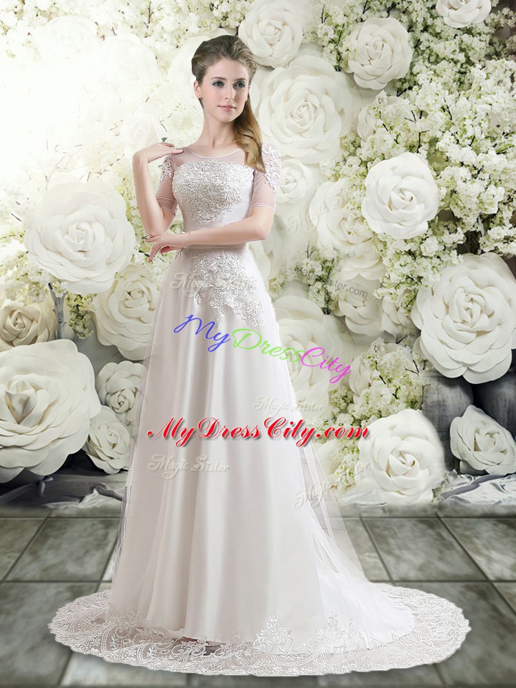 Luxury White Long Sleeves Tulle Brush Train Clasp Handle Wedding Dresses for Wedding Party