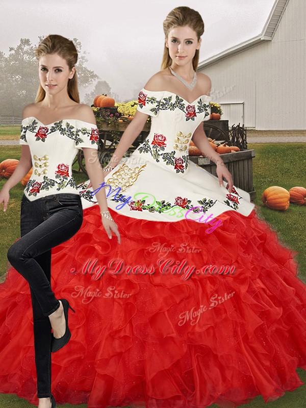 Ideal White And Red Sleeveless Embroidery and Ruffles Floor Length Quinceanera Gown