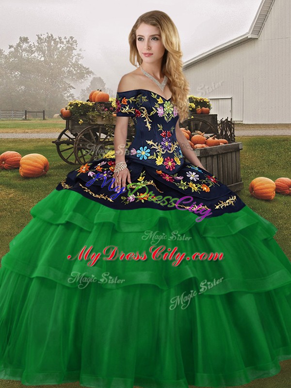 Hot Sale Off The Shoulder Sleeveless Brush Train Lace Up Quinceanera Dress Green Tulle