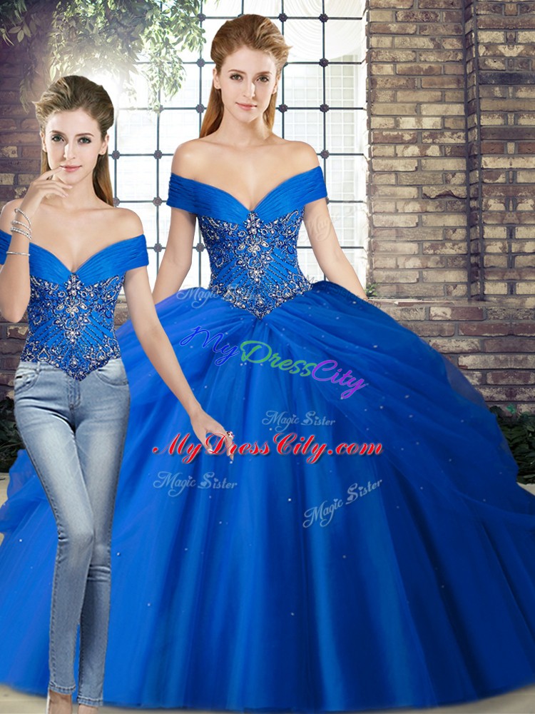 Lovely Royal Blue Lace Up Off The Shoulder Beading and Pick Ups Sweet 16 Dresses Tulle Sleeveless Brush Train