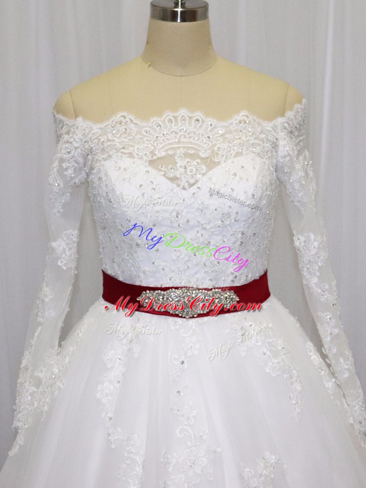 Inexpensive Off The Shoulder Long Sleeves Brush Train Clasp Handle Wedding Dress White Tulle