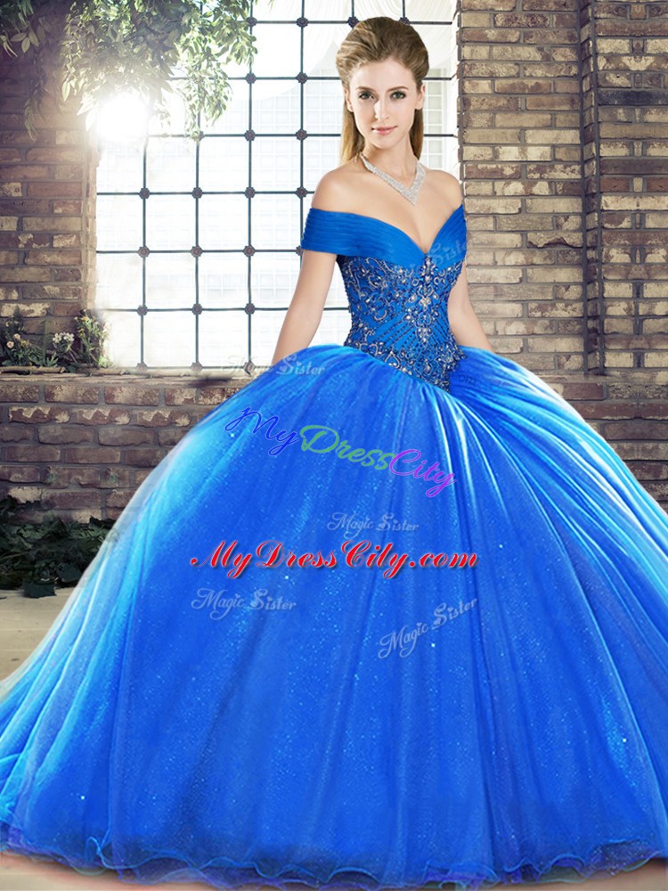 Cheap Royal Blue Lace Up Off The Shoulder Beading Quince Ball Gowns Organza Sleeveless Brush Train