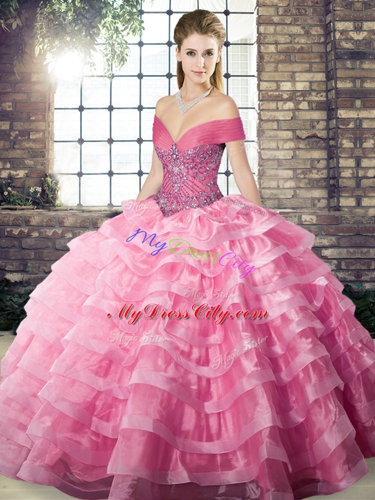 Nice Off The Shoulder Sleeveless Brush Train Lace Up Quinceanera Gowns Rose Pink Organza