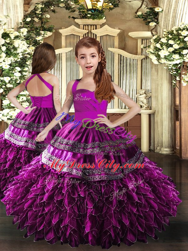 Hot Sale Purple Lace Up Child Pageant Dress Appliques and Ruffles Sleeveless Floor Length