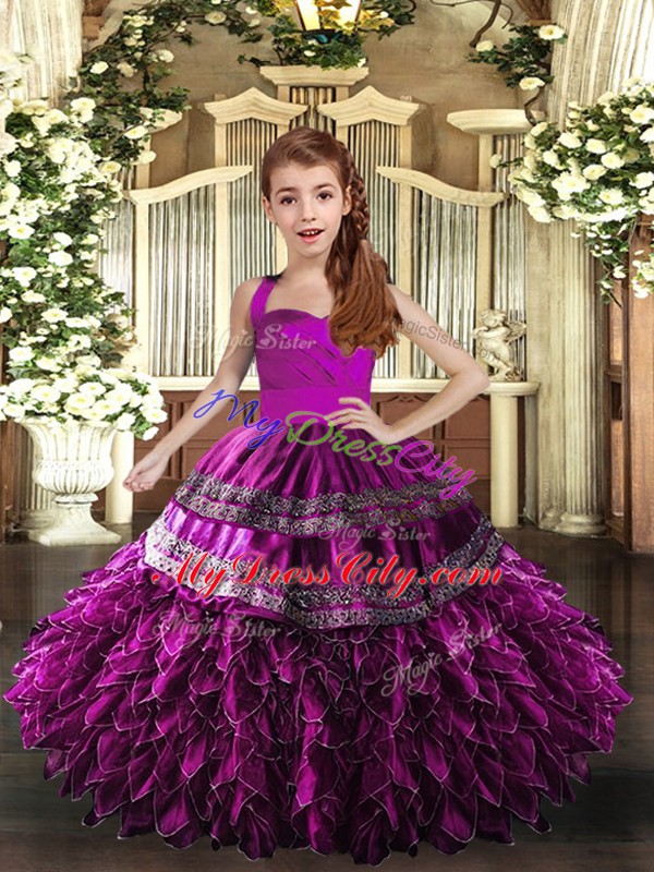 Hot Sale Purple Lace Up Child Pageant Dress Appliques and Ruffles Sleeveless Floor Length