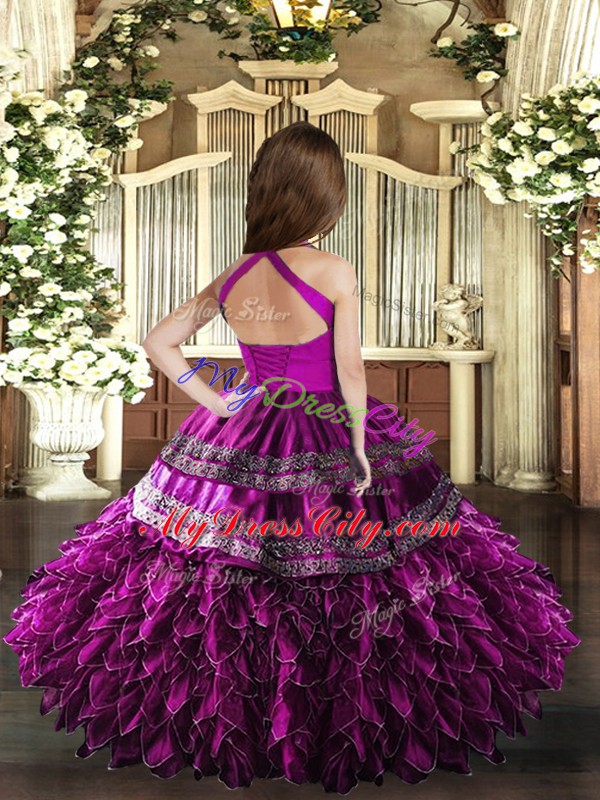 Hot Sale Purple Lace Up Child Pageant Dress Appliques and Ruffles Sleeveless Floor Length