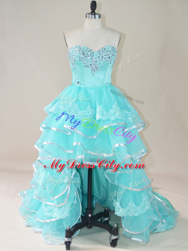 Enchanting Organza Sweetheart Sleeveless Lace Up Beading and Lace and Ruffled Layers Prom Dress in Aqua Blue