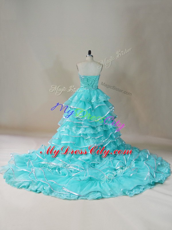 Enchanting Organza Sweetheart Sleeveless Lace Up Beading and Lace and Ruffled Layers Prom Dress in Aqua Blue