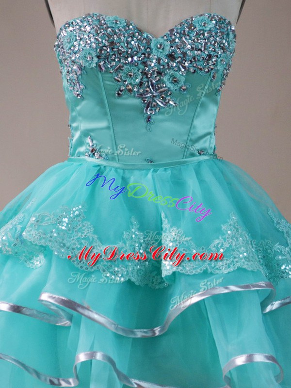 Enchanting Organza Sweetheart Sleeveless Lace Up Beading and Lace and Ruffled Layers Prom Dress in Aqua Blue