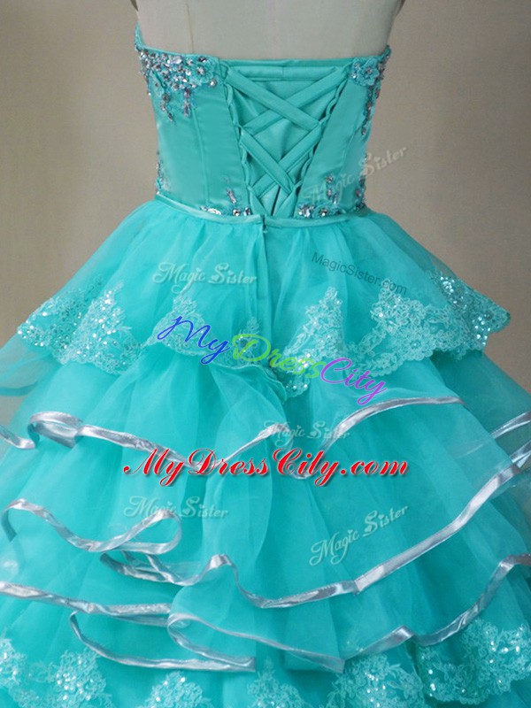 Enchanting Organza Sweetheart Sleeveless Lace Up Beading and Lace and Ruffled Layers Prom Dress in Aqua Blue