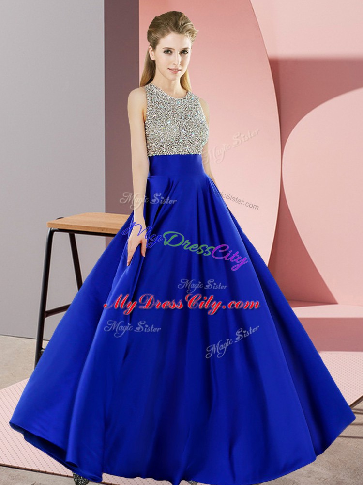 Royal Blue Elastic Woven Satin Backless Prom Dresses Sleeveless Floor Length Beading