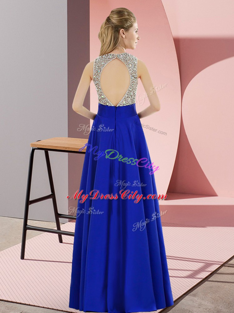 Royal Blue Elastic Woven Satin Backless Prom Dresses Sleeveless Floor Length Beading